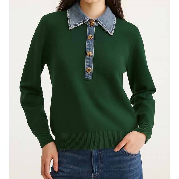 COMMENSE Tops - Commense Forest Green Long Sleeve Sweater with Denim Collar